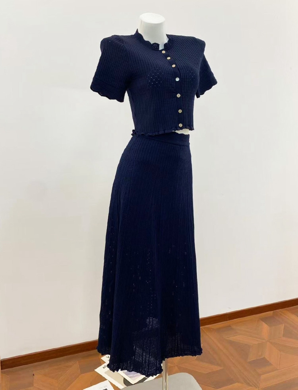 🦞Sandro Navy Knit Two‑Piece Set Cropped Top Long Midi Skirt - Picture 10 of 11